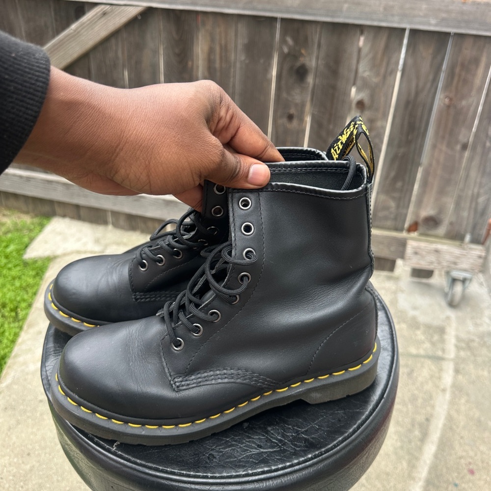 Dr. Martens Black Leather Boots with Yellow Stitching